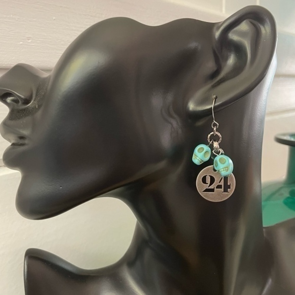 $10 SALE Handmade Blue Skull Stamped Metal Number Earrings 2” Asymmetric NWT - Picture 4 of 4